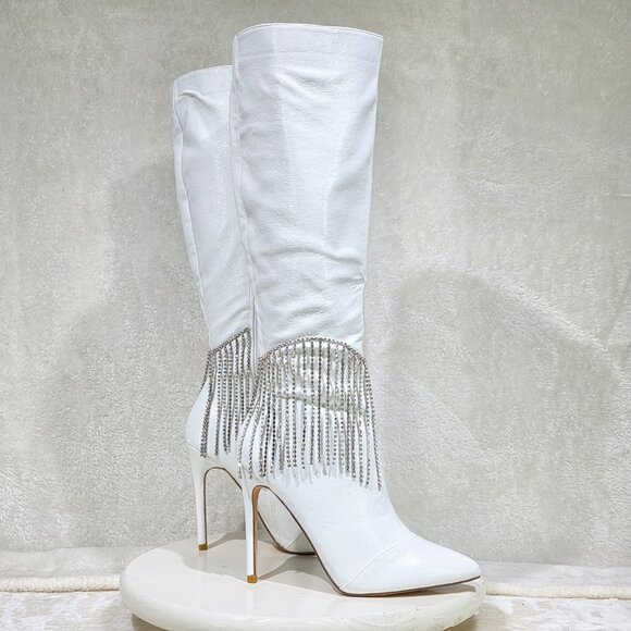 Sway White Knee High Boots Stiletto Heels Icicle Fringe - Picture 9 of 10